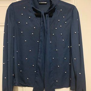Navy Blouse with Pearl Accents